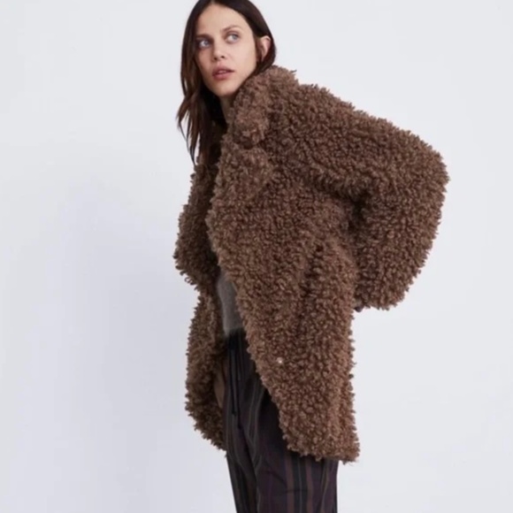 Zara Faux Fur Curly Teddy Sherpa Mid Length Jacket Coat Brown Womens US Size S - Picture 1 of 6